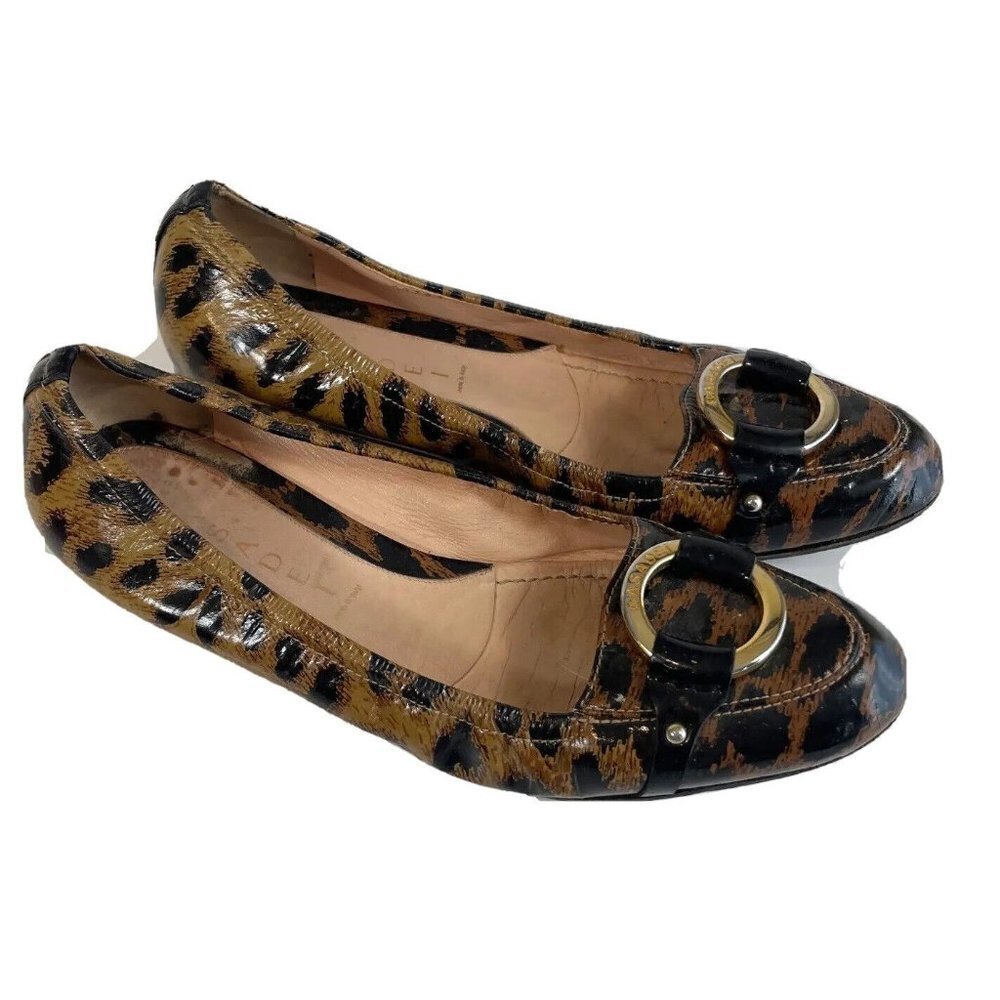 Casadei Womens Leopard Shoes Patent Leather Gold Tone Ring Brown 8‎ Animal Print